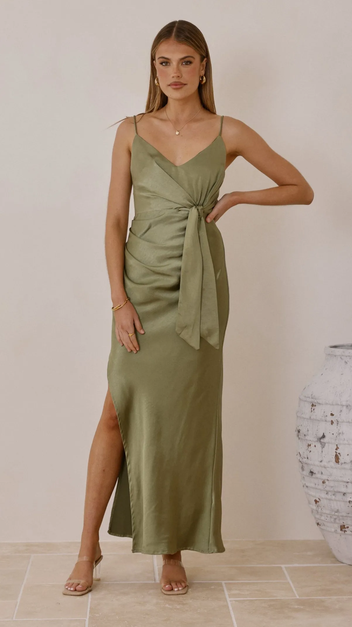 Yasmeen Tie Front Maxi Dress - Olive Fur Glow