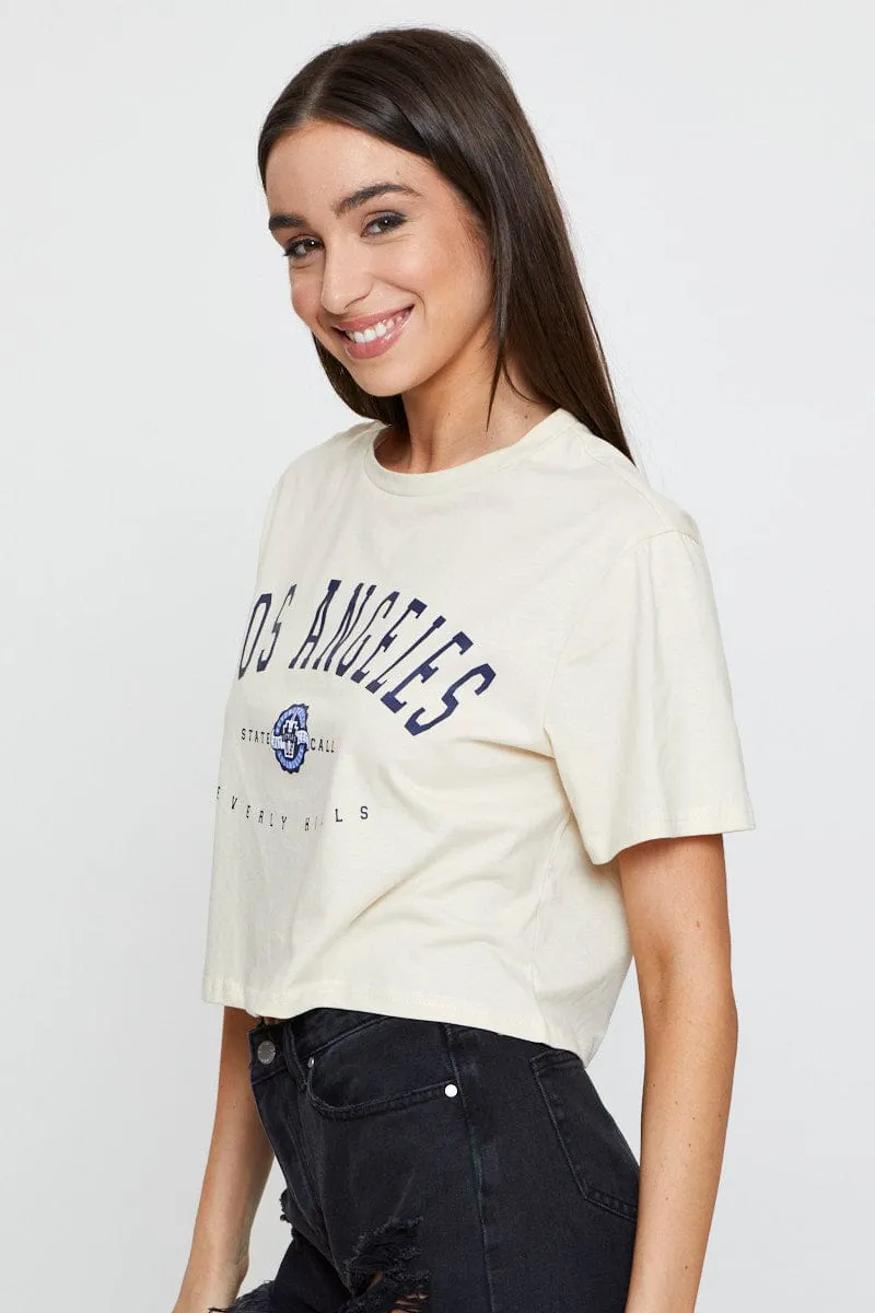 Low Impact Processing Premium Material Beige Graphic T-Shirt Short Sleeve Crop