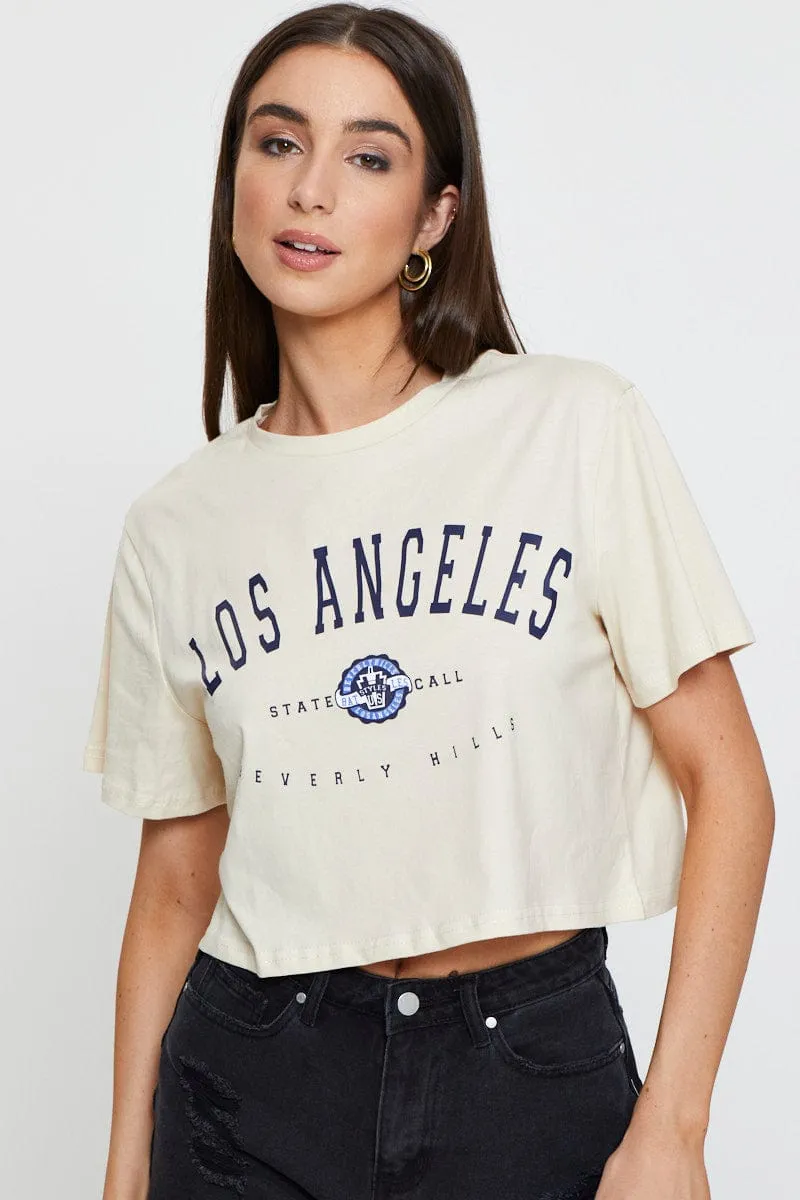 Trendy Design Beige Graphic T-Shirt Short Sleeve Crop