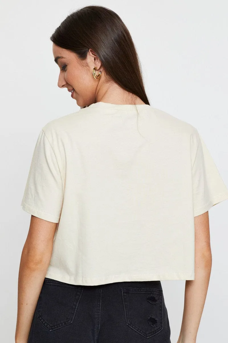 Beige Graphic T-Shirt Short Sleeve Crop Adjustable Hem