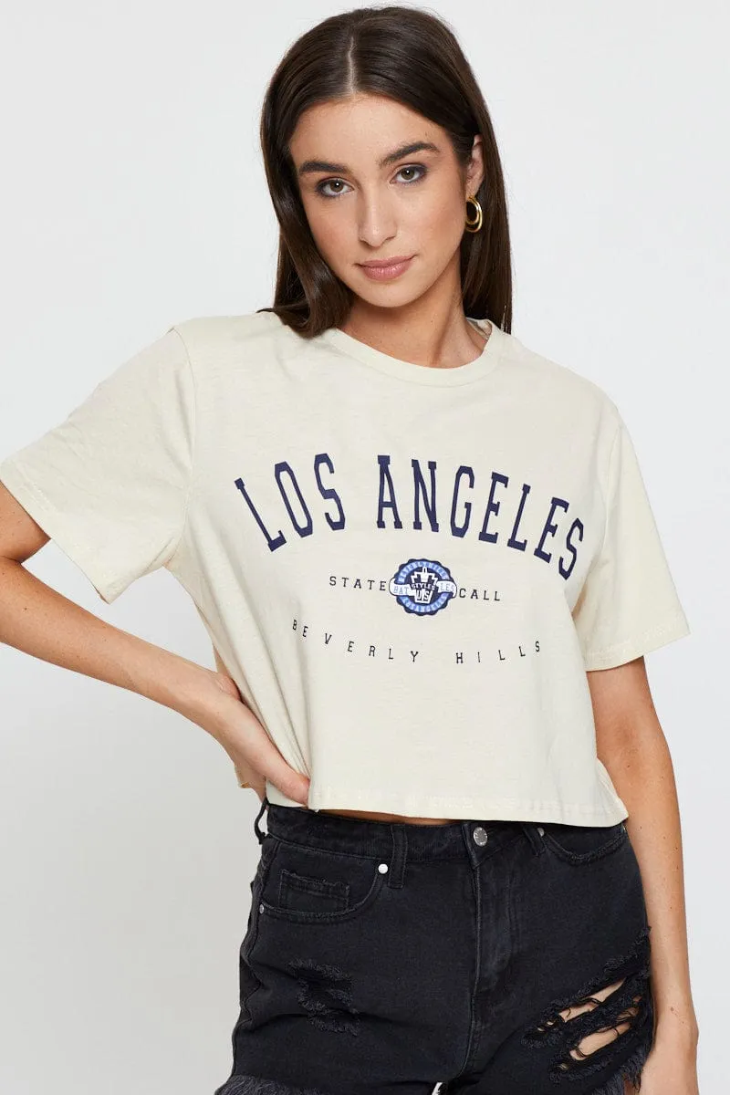 Biodegradable Textile Beige Graphic T-Shirt Short Sleeve Crop