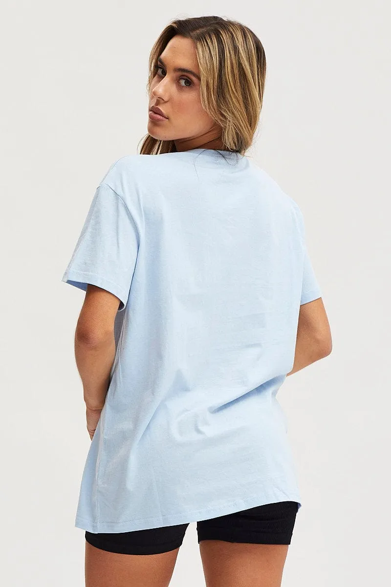 Halloween Garment Dyed Technique Blue Graphic T-Shirt Short Sleeve