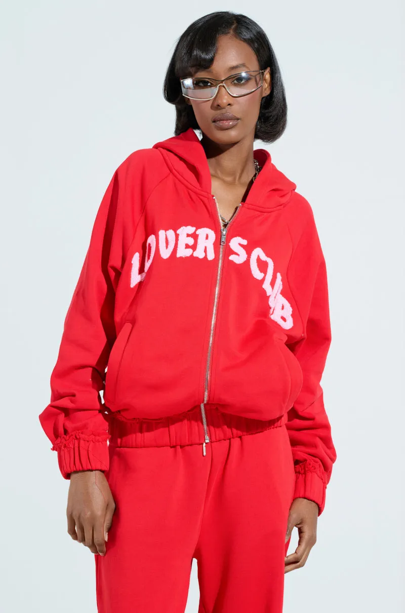 LOVERS CLUB ZIP UP HOODIE IN RED product party ready excitement