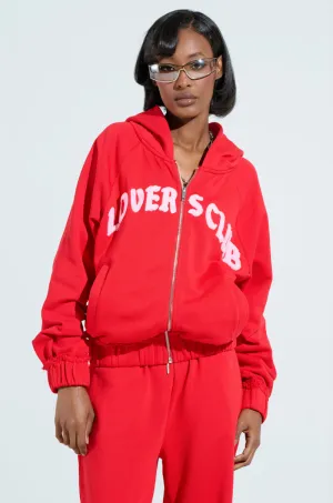 LOVERS CLUB ZIP UP HOODIE IN RED product party ready excitement