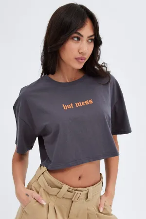 Relaxed Everyday Wear anti static Black Crop T Shirt Hot Mess Graphic Tee