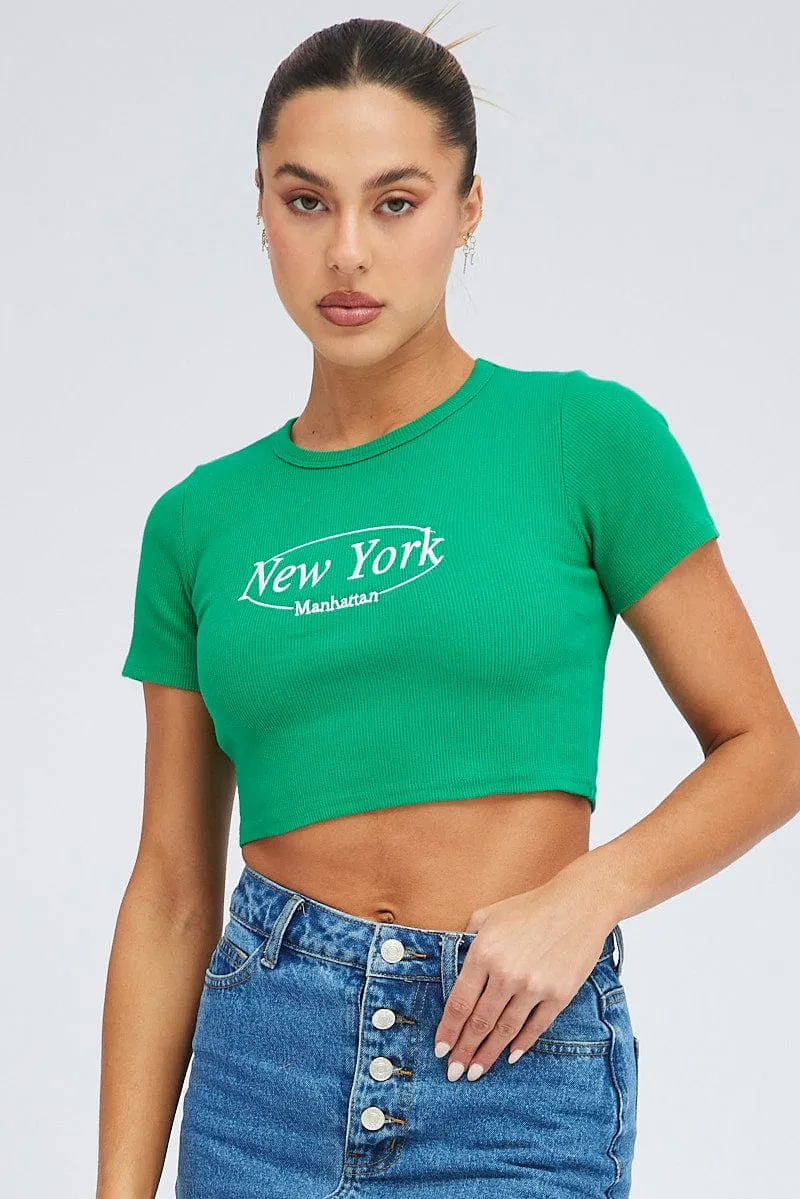 Green Tee Crop Short Sleeve New York Embroidery Premium Cotton Comfy All-Day