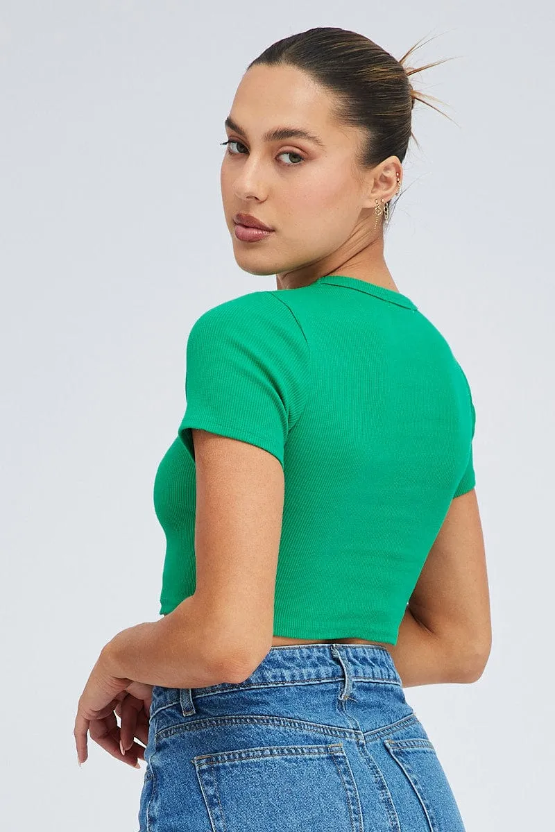 Stylish and Easygoing Green Tee Crop Short Sleeve New York Embroidery