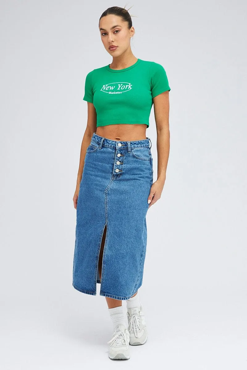 Smooth Neckline UV Protection Fabric Green Tee Crop Short Sleeve New York Embroidery