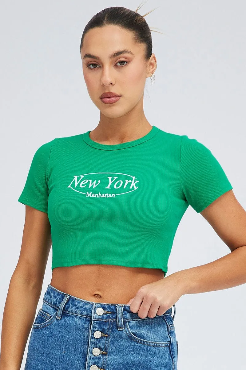 Green Tee Crop Short Sleeve New York Embroidery Casual Everyday