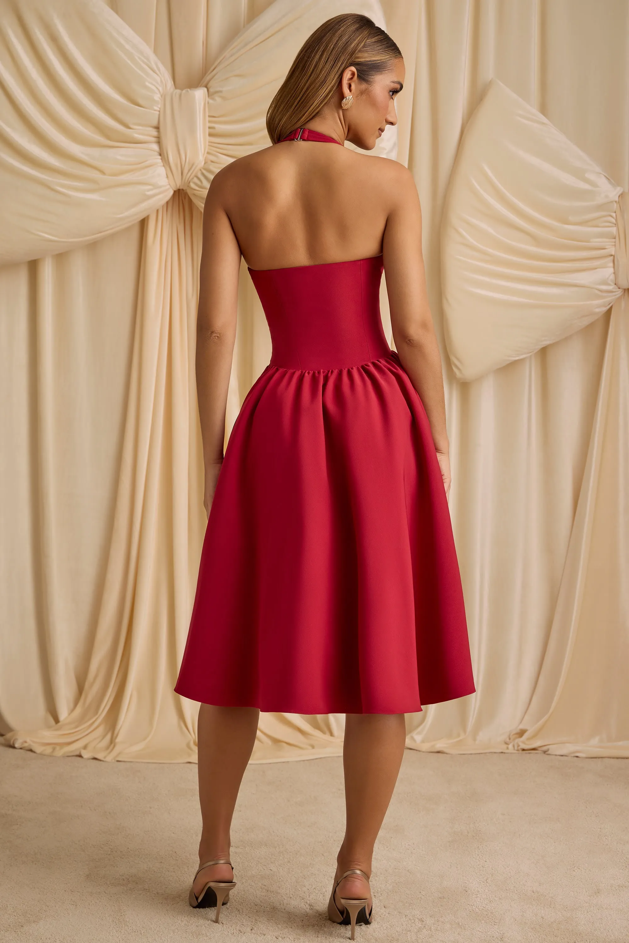 Halterneck Bow-Detail Midi Dress in True Red Drizzle Sky Casual weekend midi