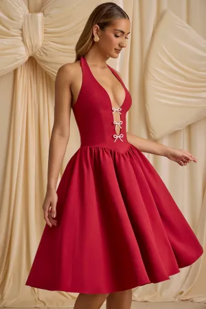 Shell Path Moon Beam Halterneck Bow-Detail Midi Dress in True Red