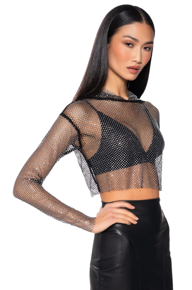 product fluffy softness Camping Gear NORTH STAR RHINESTONE MESH HOODED LONG SLEEVE CROP TOP IN BLACK