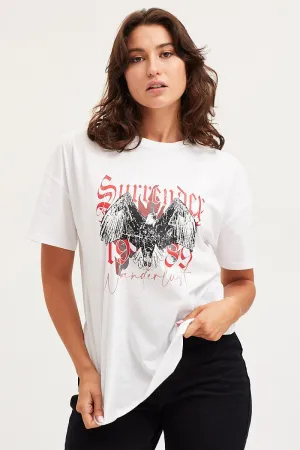 White Graphic T-Shirt Short Sleeve V neck elegance Formal Occasion