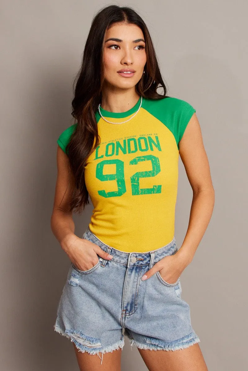 Eco Certified Fiber Yellow Graphic Tee Raglan Short Sleeve