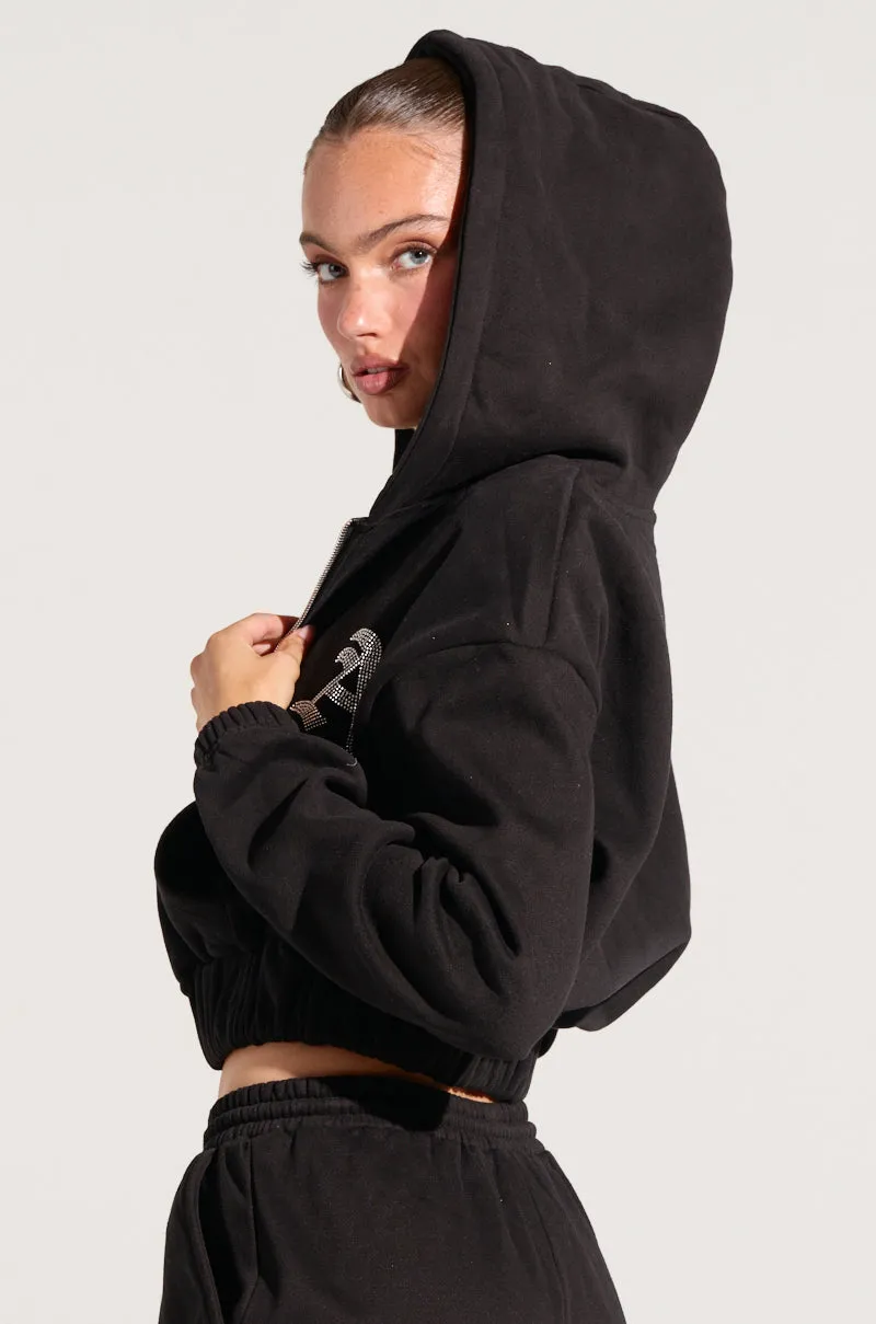 Home friendly product earthy warmth DEXTRA ZIP UP HOODIE WITH RHINESTONE DETAIL