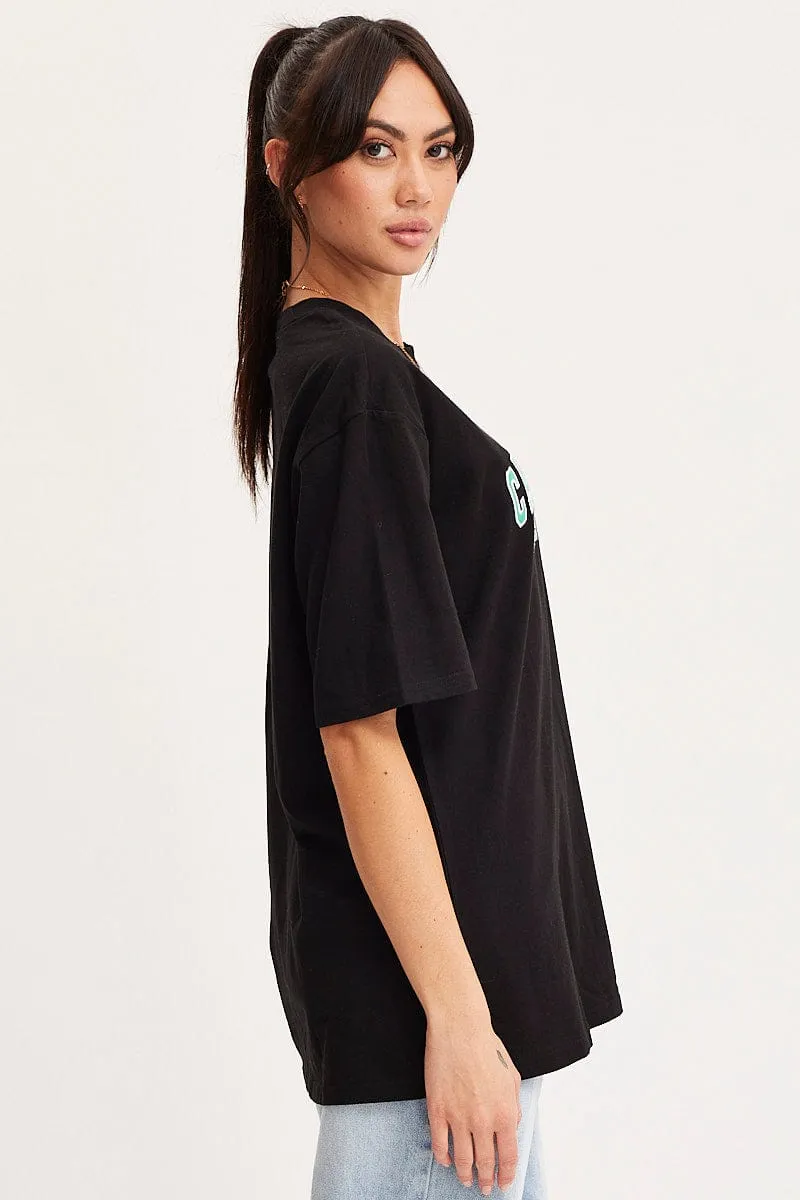 Black Graphic T Shirt Short Sleeve Embroided Layered Hem Design