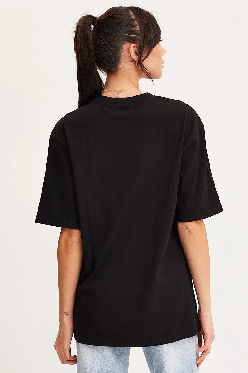Multi Panel Design Black Graphic T Shirt Short Sleeve Embroided