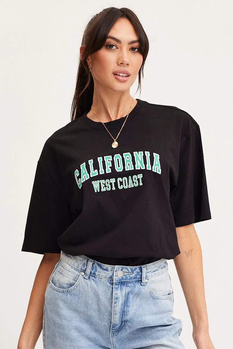 Urban Smart Soft and durable Black Graphic T Shirt Short Sleeve Embroided