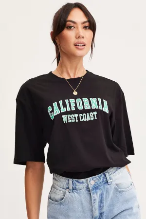 Black Graphic T Shirt Short Sleeve Embroided Perfect Fit Wear