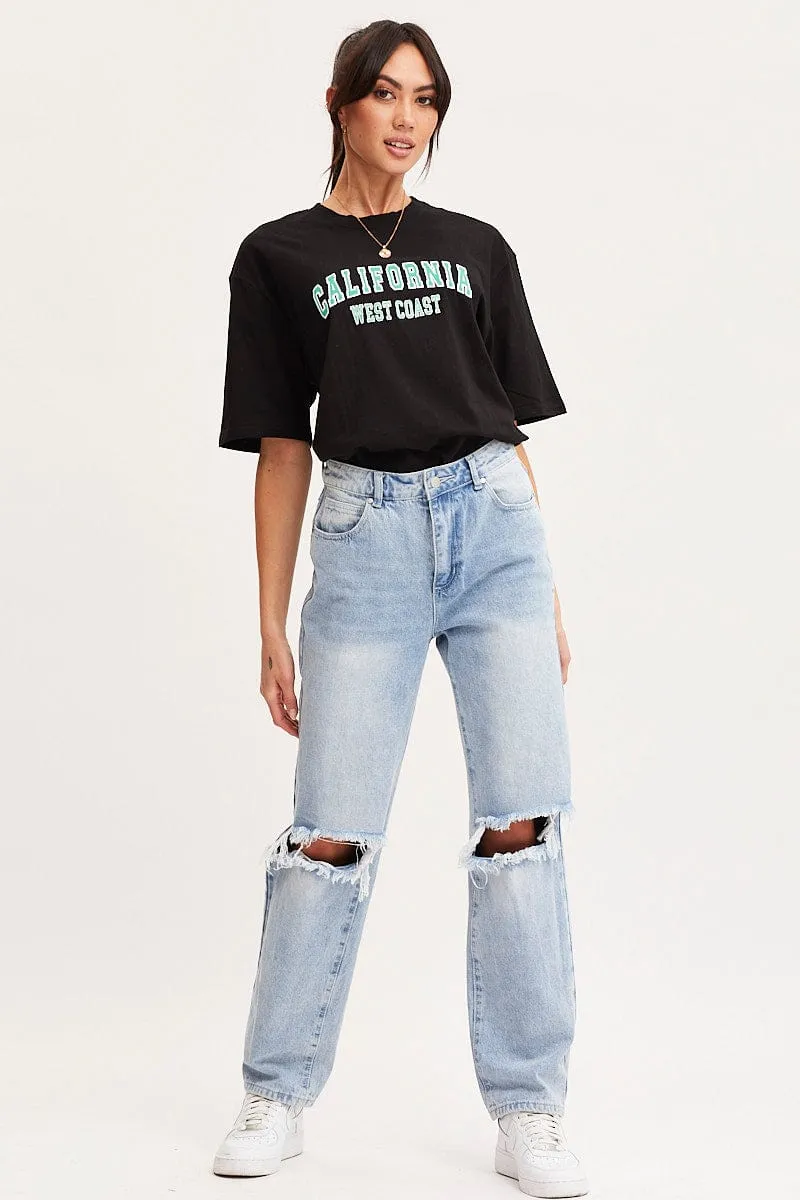 Black Graphic T Shirt Short Sleeve Embroided Recycled Polyester Thread