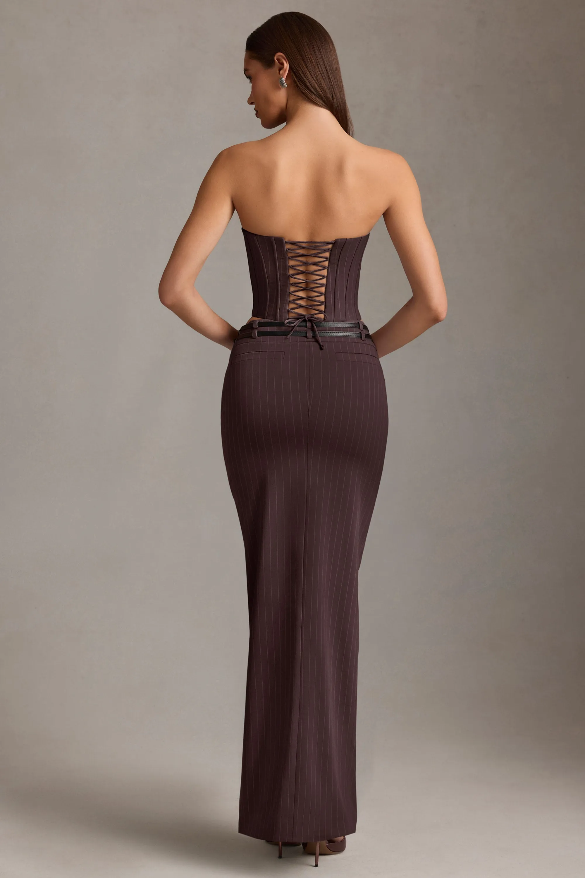 Pinstripe Low-Rise Maxi Skirt in Chocolate Brown Relaxed Mood