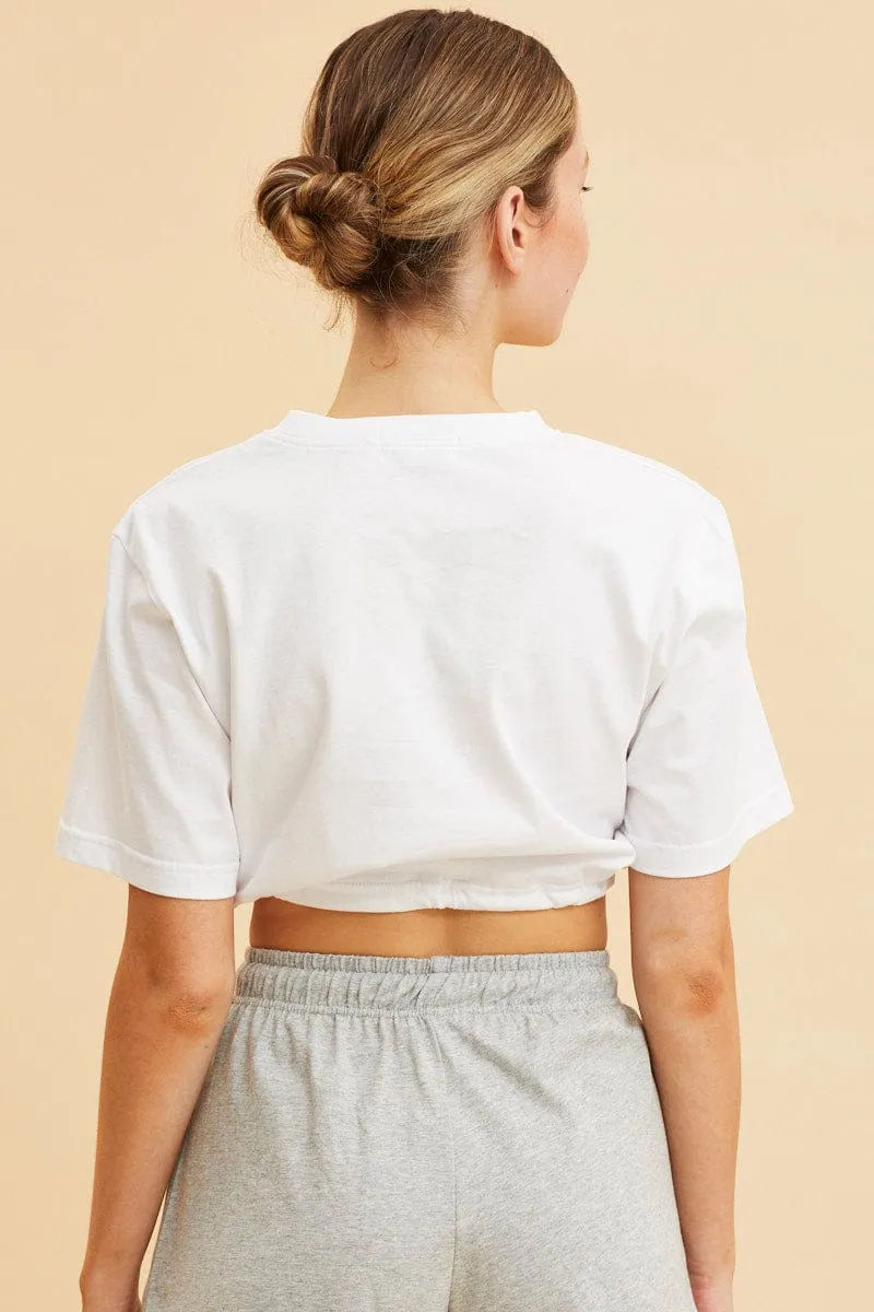 White Cropped T-Shirt Short Sleeve Drawstring Hem AdjustableHemline Wild Mood