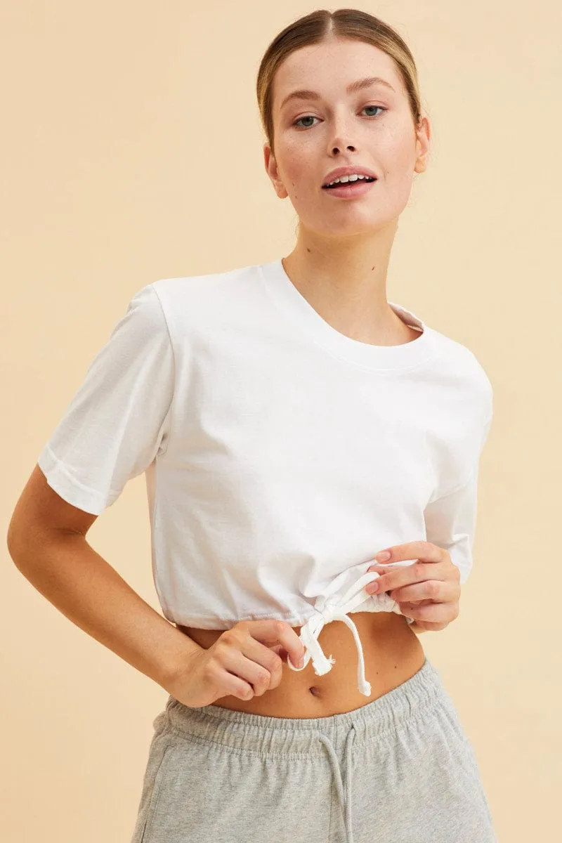 Adjustable Drawcord White Cropped T-Shirt Short Sleeve Drawstring Hem
