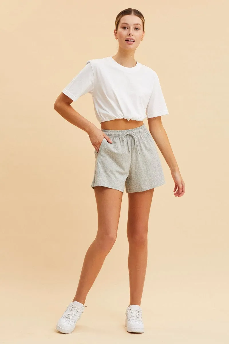White Cropped T-Shirt Short Sleeve Drawstring Hem Comfy Fashion