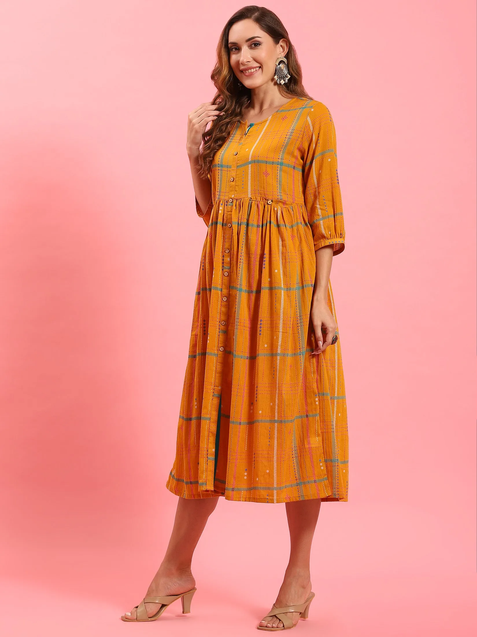 WaterRepellent Surface StretchFree Women Orange Aztech Printed Dress