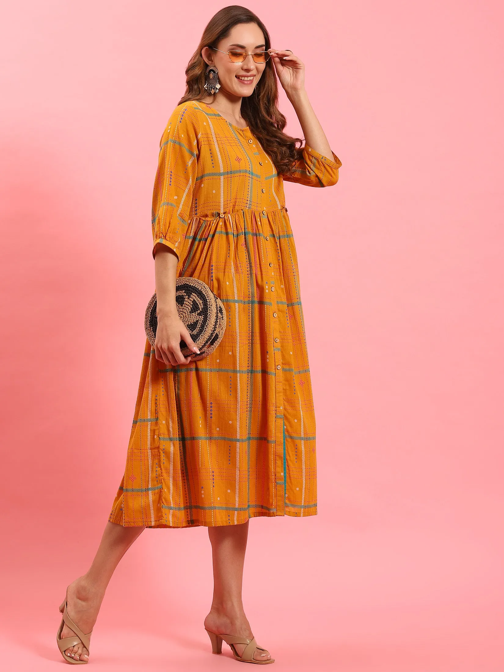 Women Orange Aztech Printed Dress Minimal Design