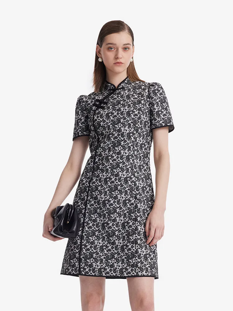 Rose Jacquard Cheongsam Women Qipao Mini Dress Floral design