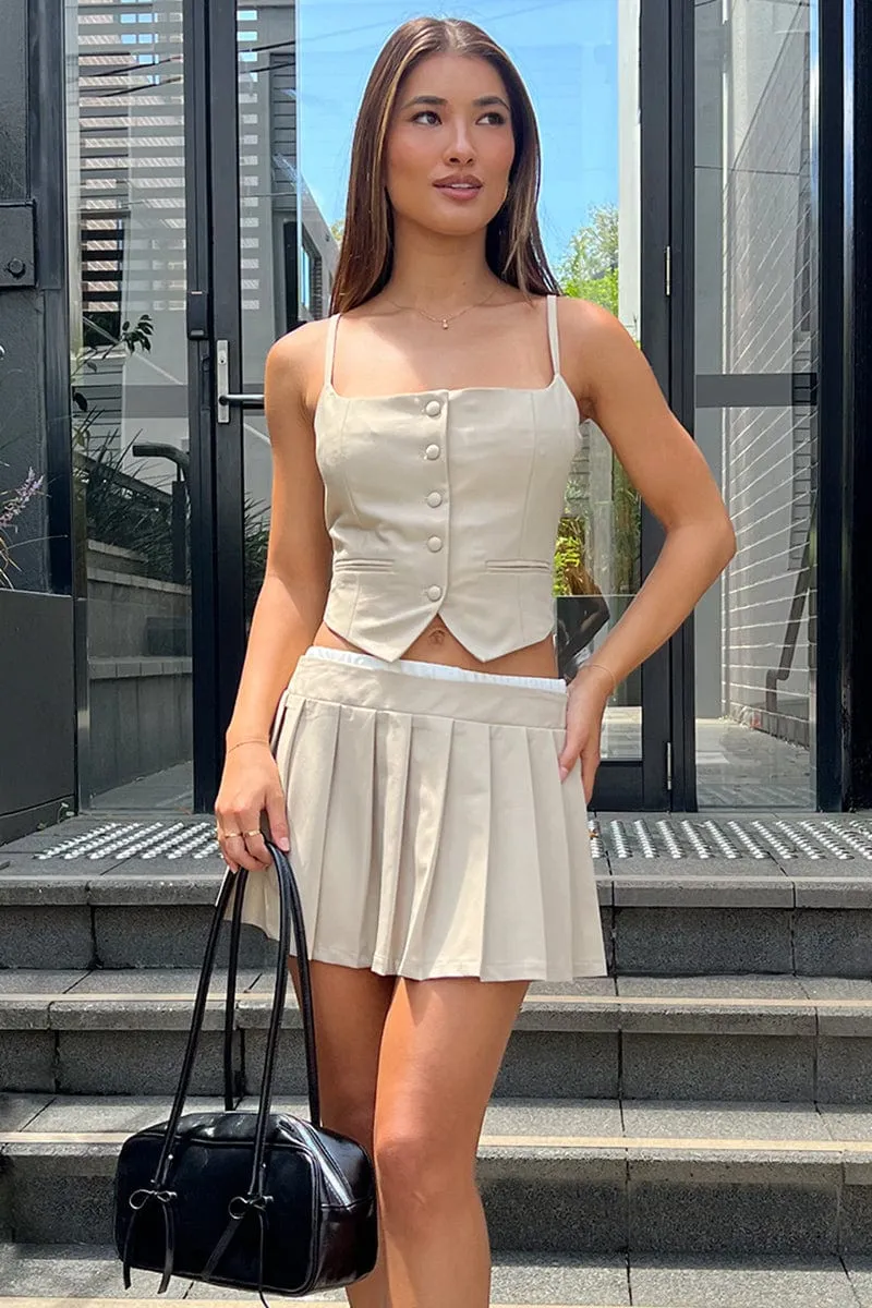 Breathable Beige Pleated Skirt High Waisted Contrast Waistband