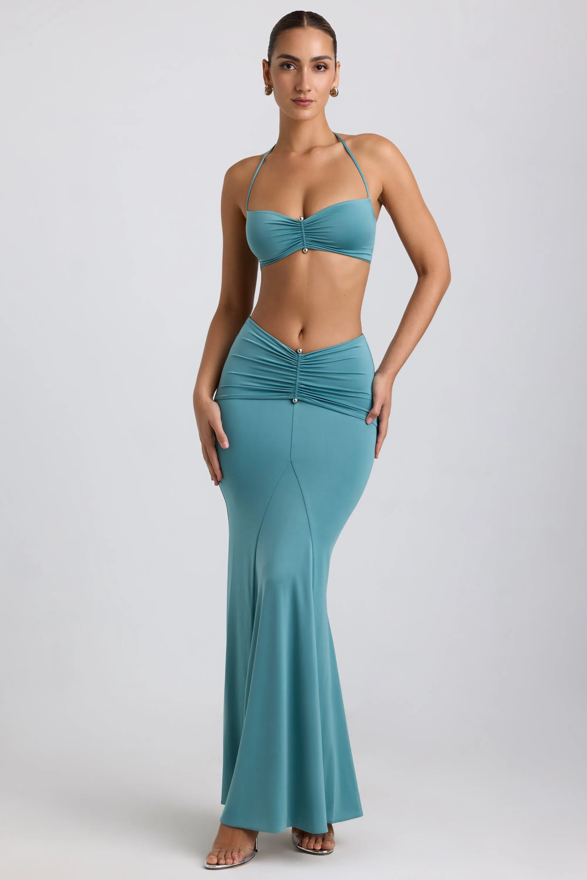 Vegan Material Slinky Jersey Hardware Detail Maxi Skirt in Sea Green