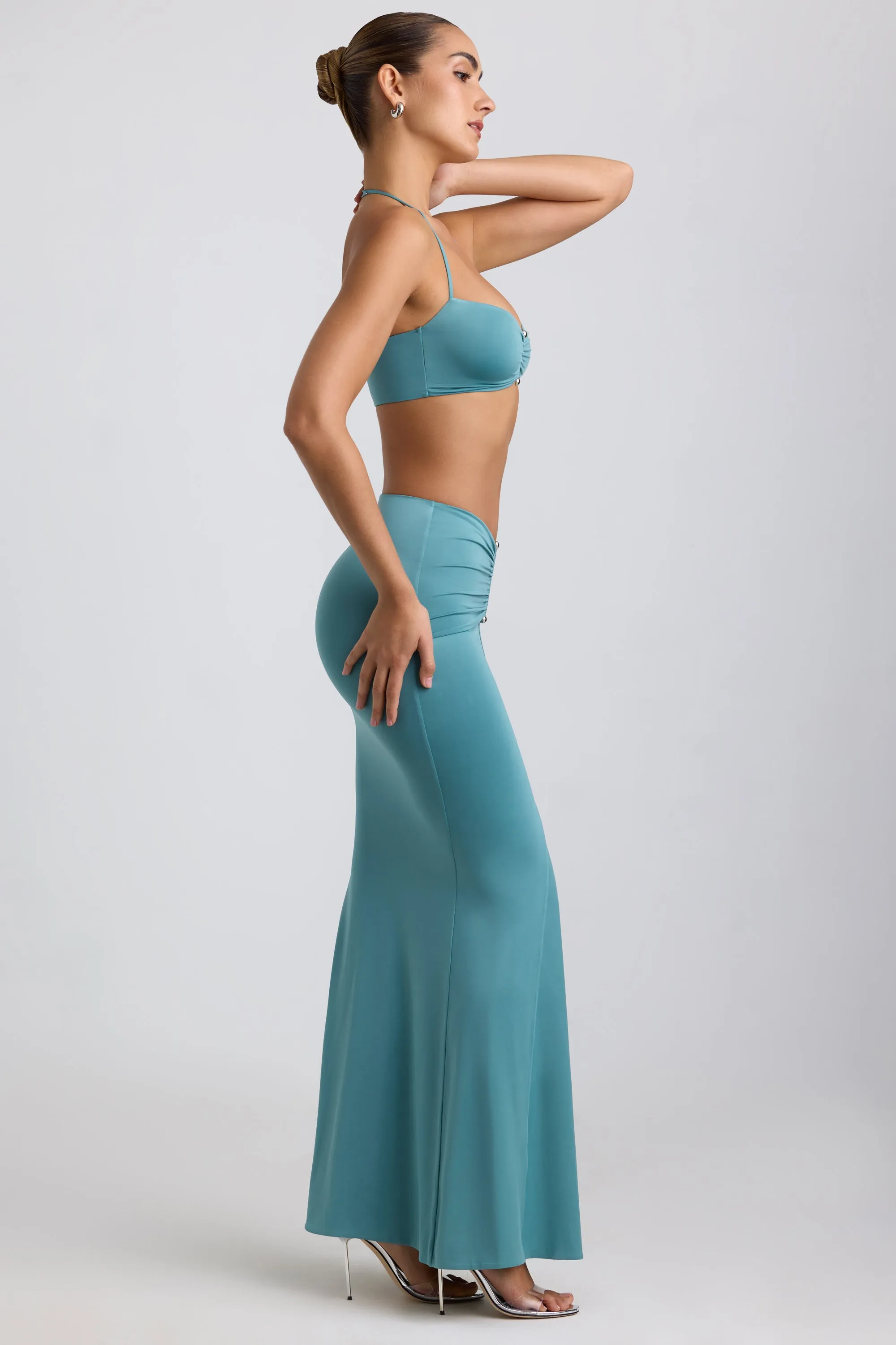 Slinky Jersey Hardware Detail Maxi Skirt in Sea Green Inverted Pleats