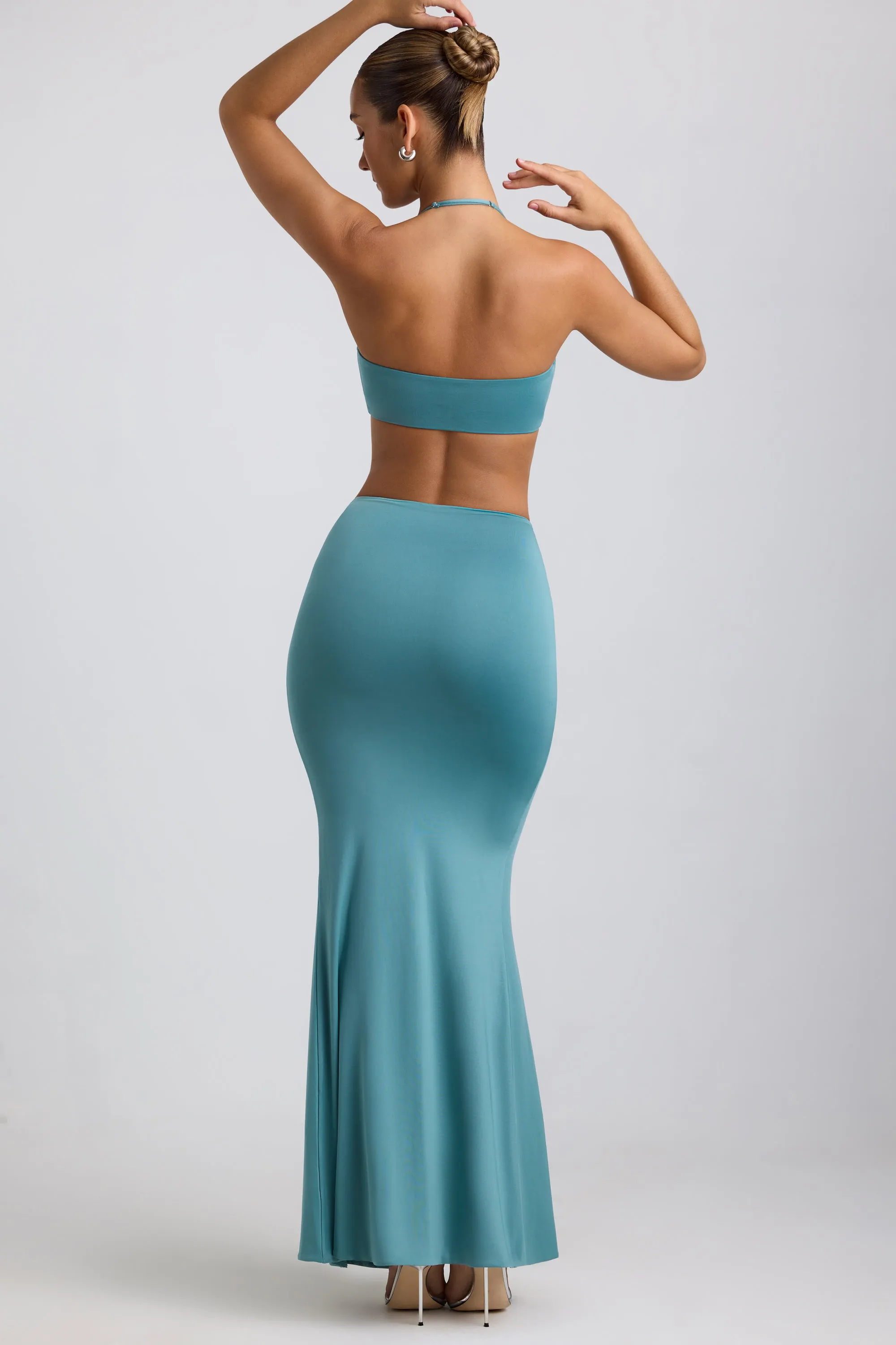 Slinky Jersey Hardware Detail Maxi Skirt in Sea Green Roll Up Fasten Fashion Details