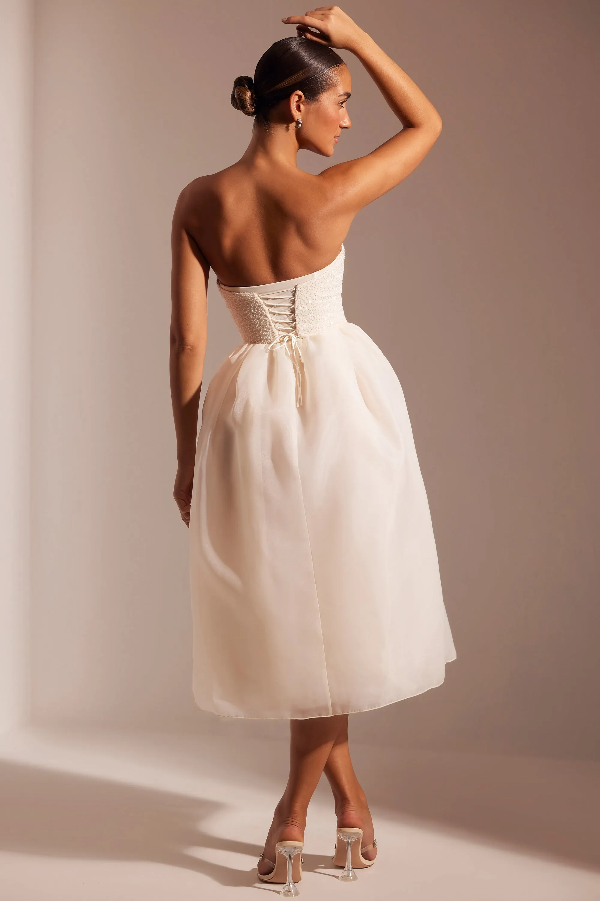 Comfortable chic Coral Glow Embellished Corset Tulle Skirt Midi Dress in Ivory