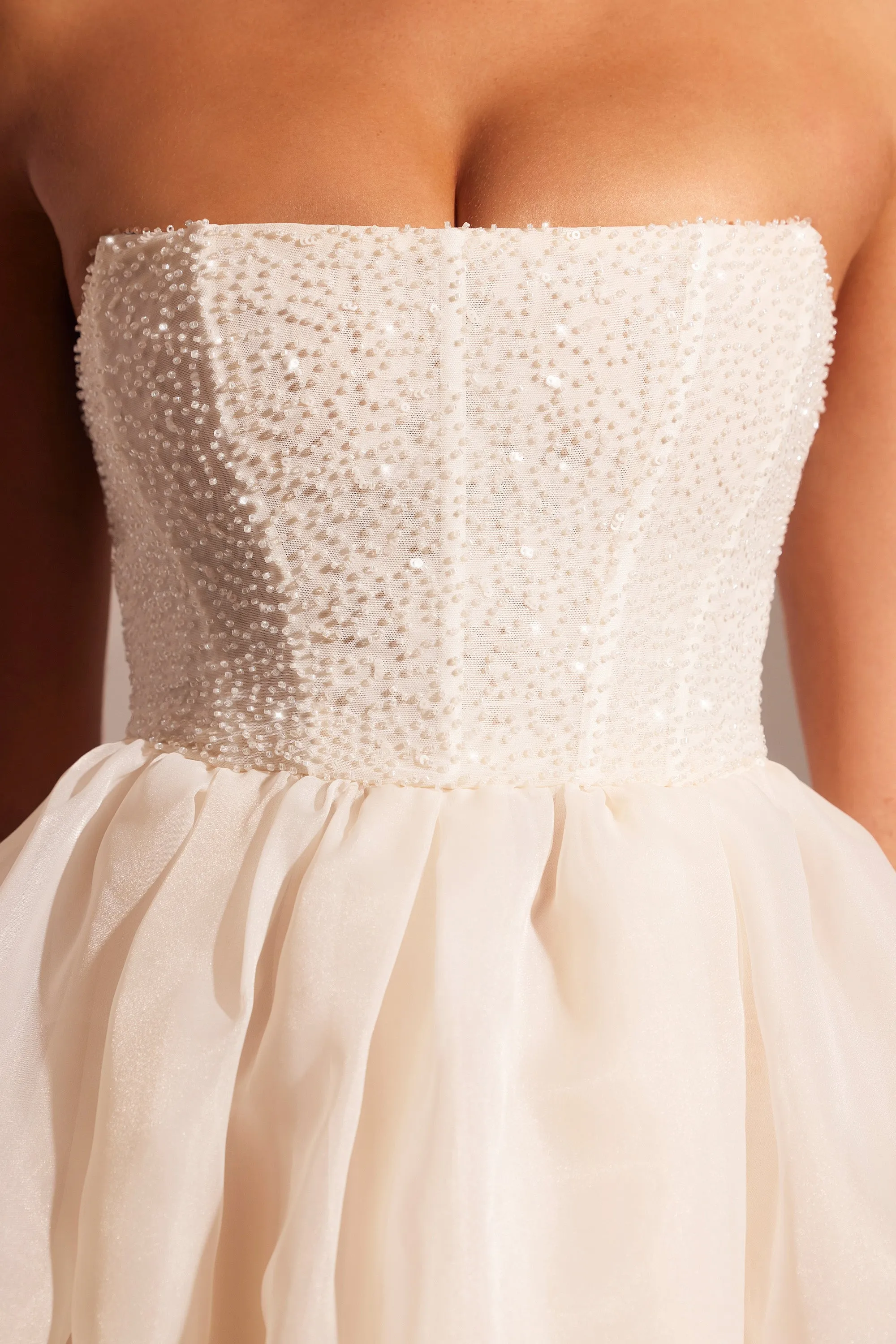 Street Minimal Planet View Embellished Corset Tulle Skirt Midi Dress in Ivory