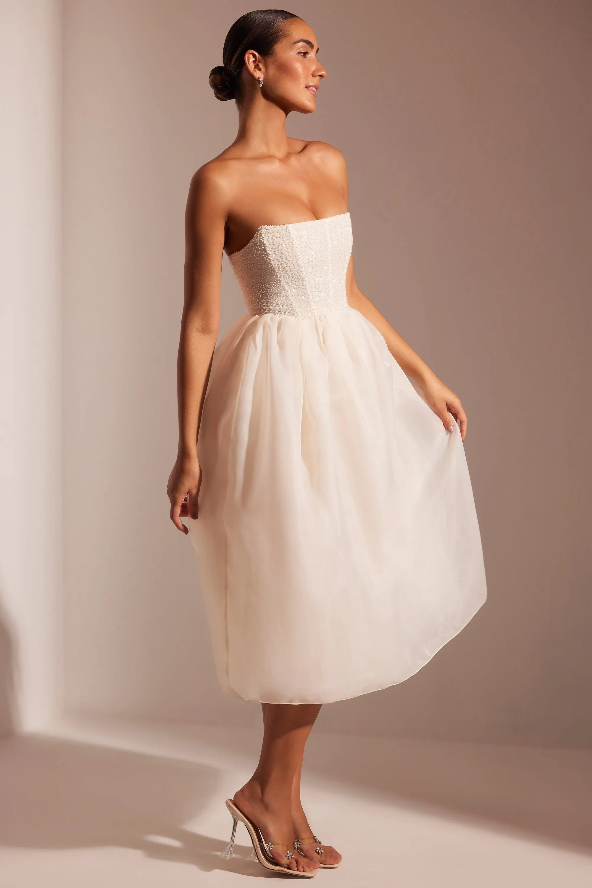 Embellished Corset Tulle Skirt Midi Dress in Ivory Easy-care midi