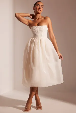 All Day Island Mood Embellished Corset Tulle Skirt Midi Dress in Ivory