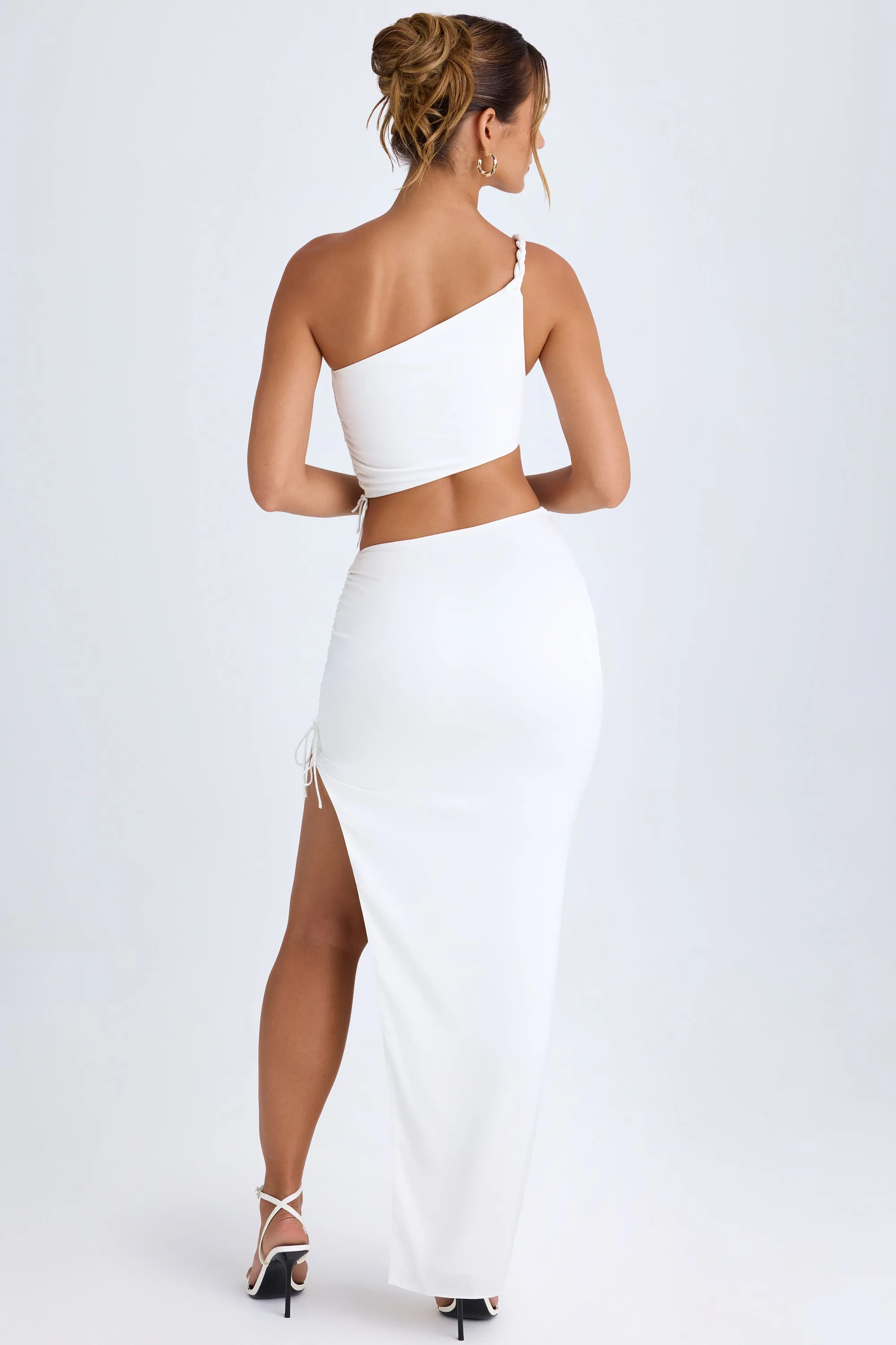 Ruched Asymmetric-Waist Maxi Skirt in White Everyday Essential Non Restrictive Fit