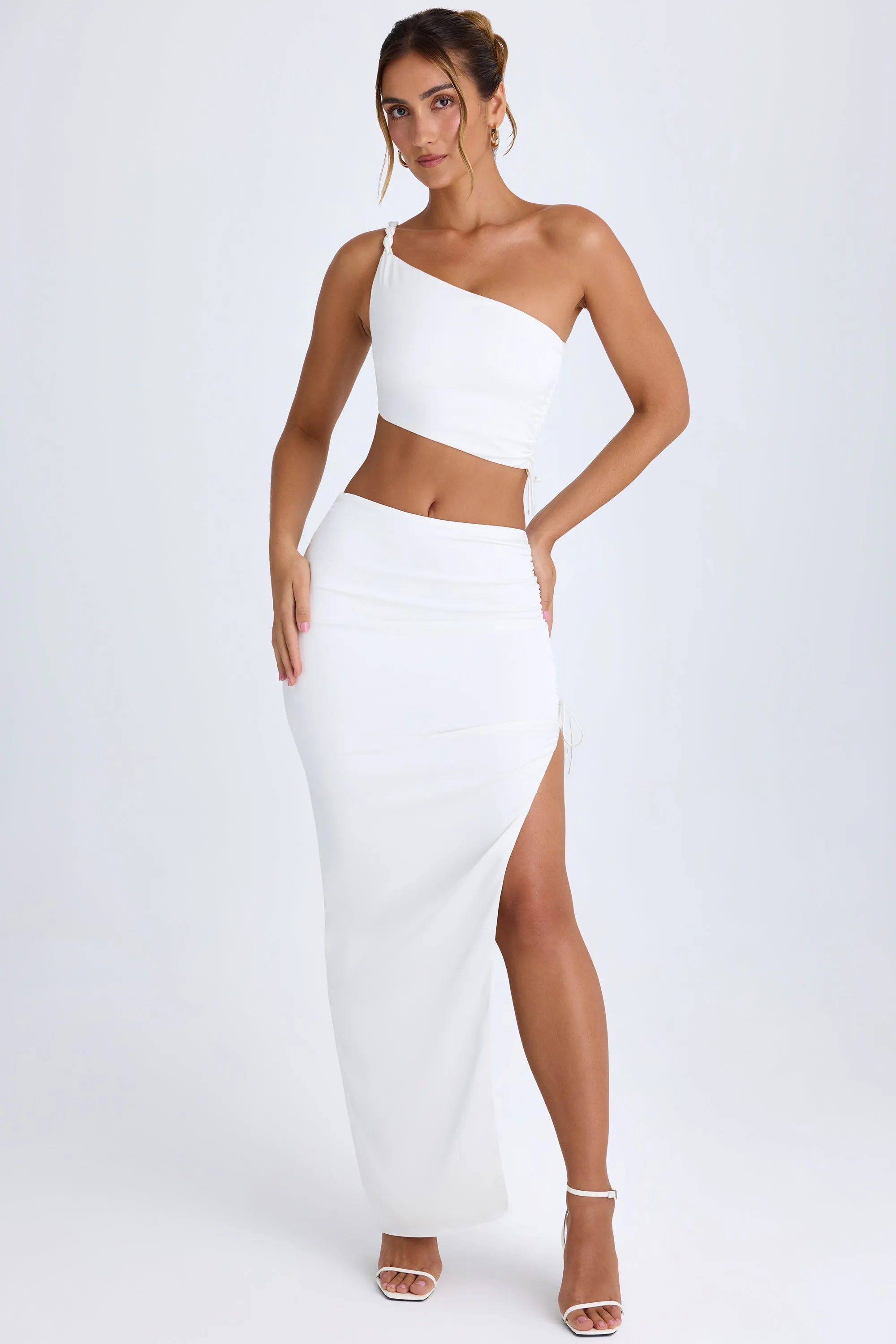 Fringe Detail Ruched Asymmetric-Waist Maxi Skirt in White