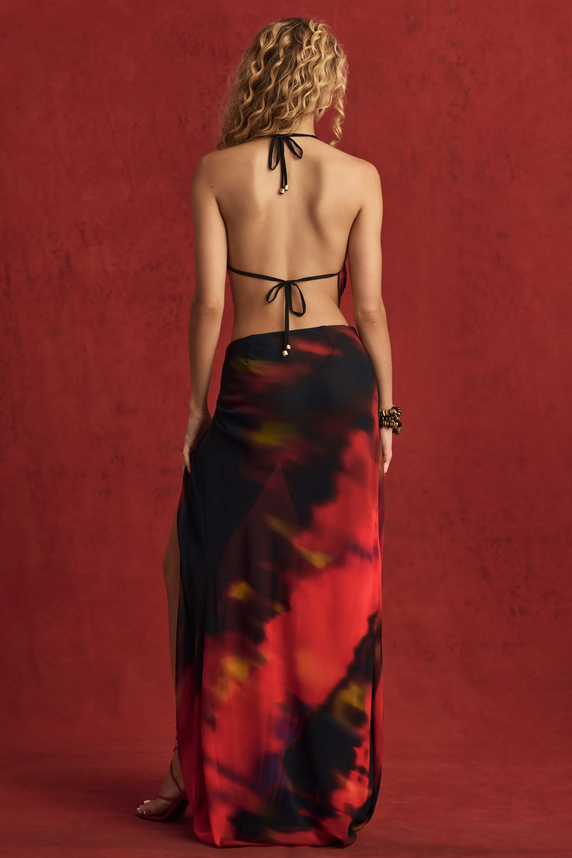 Street Style Mid-Rise Split Maxi Skirt in Red Blurred Print