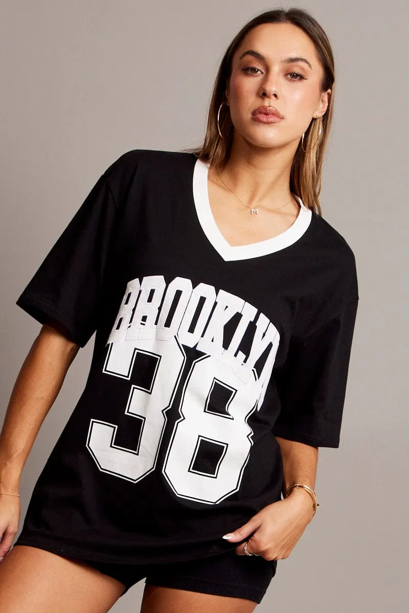 Black Graphic Tee V Neck Short Sleeve Chic Vibes Cozy Comfort Look