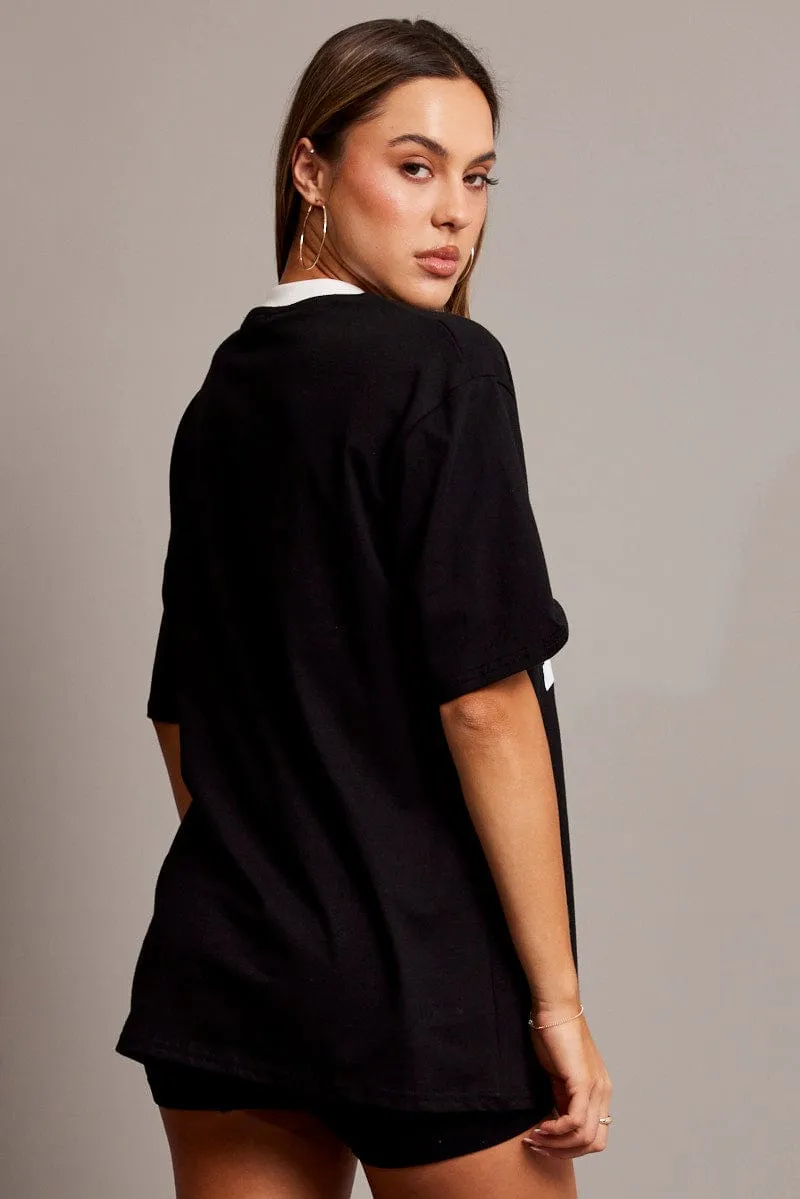 Black Graphic Tee V Neck Short Sleeve Comfy Look Wear Casual Choice