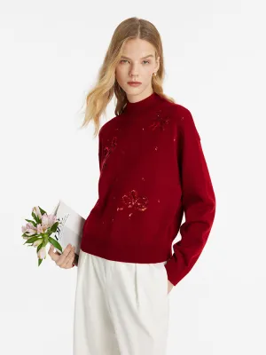 Casual Essentials Tencel Wool Blend Mock Neck Sequins Women Sweater