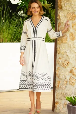 Jamila Embroidered Dress | Ecru/Black Birthday Dinner