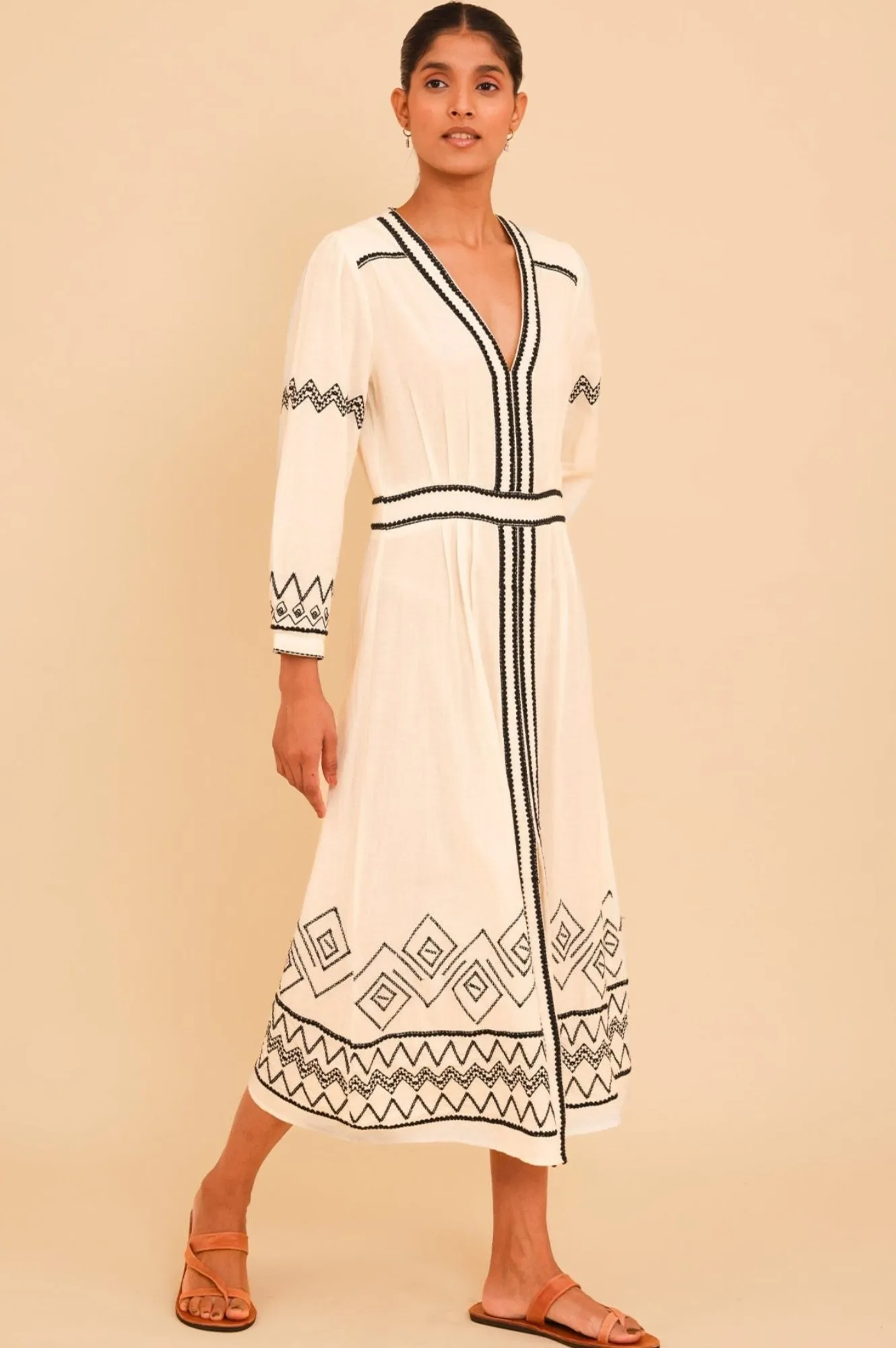 Smart and Stylish Jamila Embroidered Dress | Ecru/Black