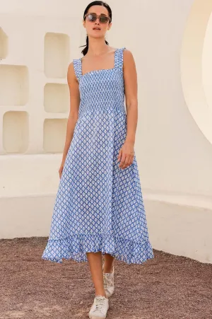 Relaxed fit for outings Edgy Youth Rhianna Organic Cotton Dress | Flower Stamp Cornflower/White