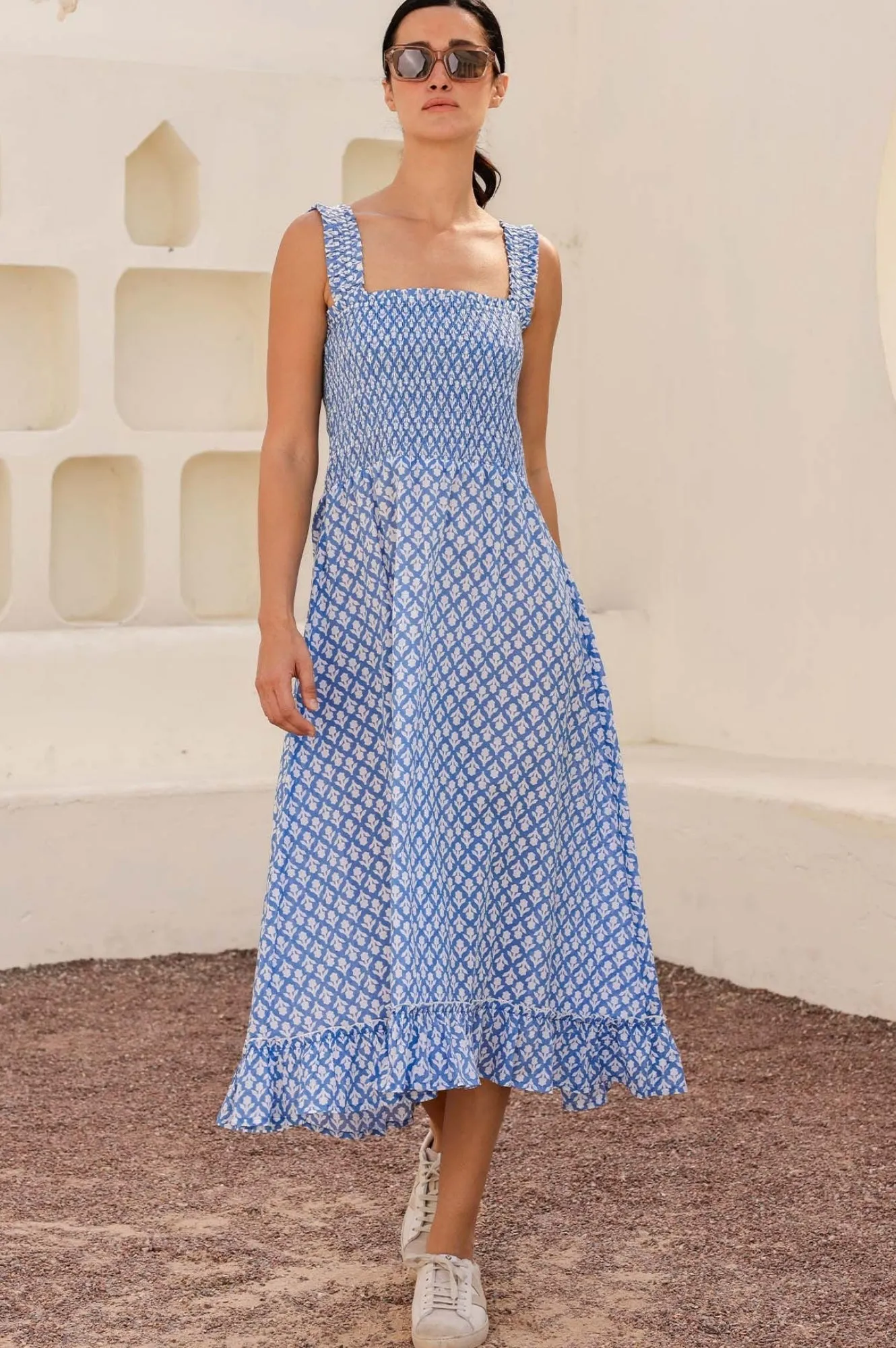 Dew Drop Rhianna Organic Cotton Dress | Flower Stamp Cornflower/White