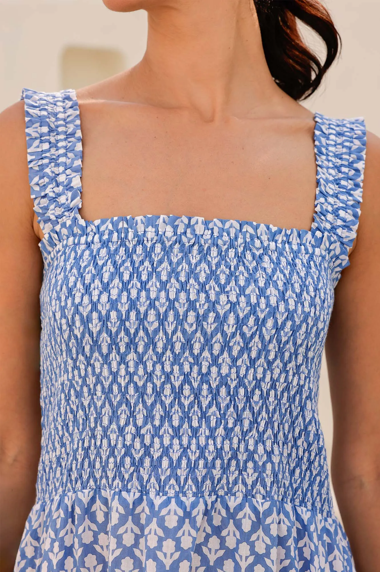 Cotton Soft pack light Rhianna Organic Cotton Dress | Flower Stamp Cornflower/White